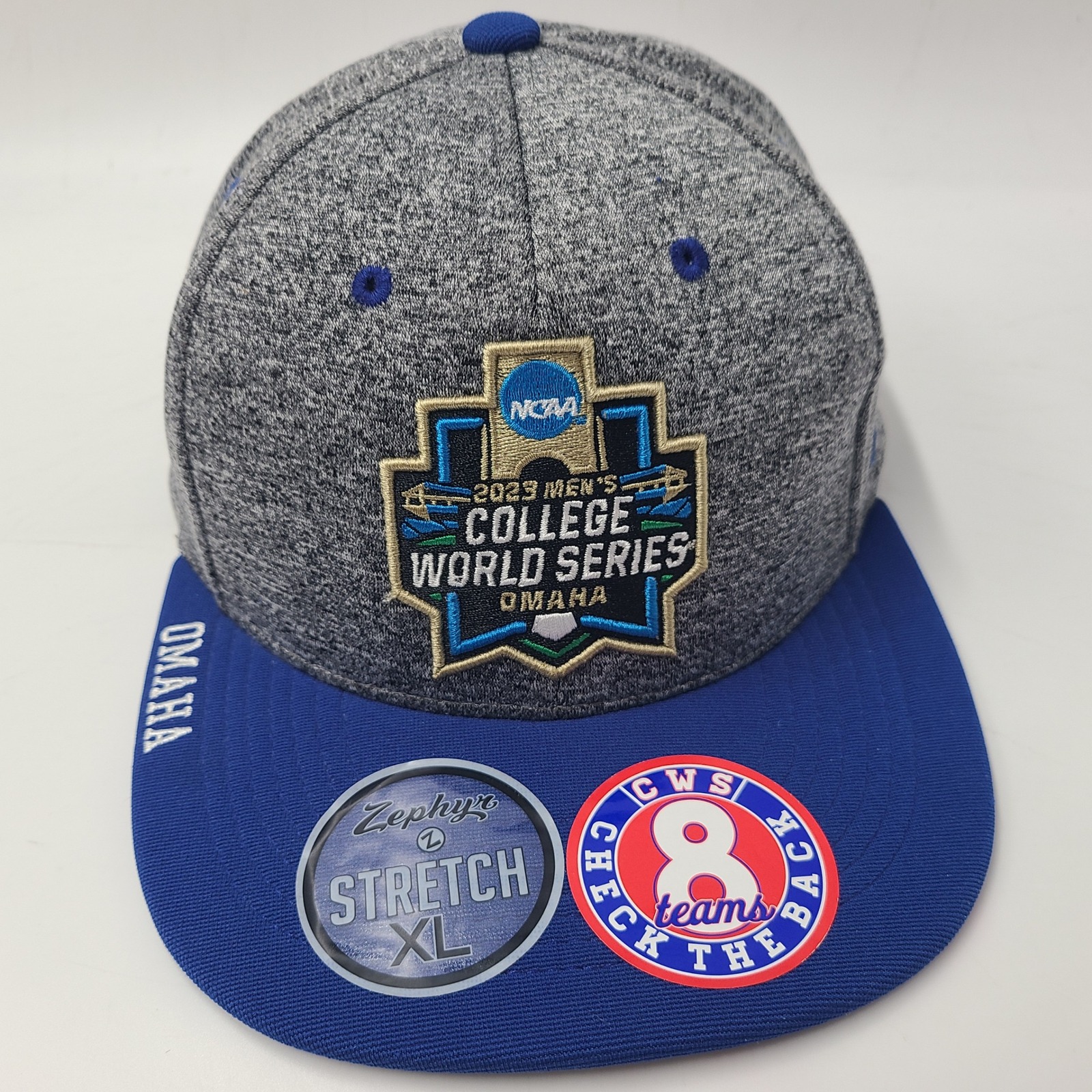 College World Series Hat Fitted Xl Zephyr Gray Blue Ncaa Baseball 2023 Omaha Men